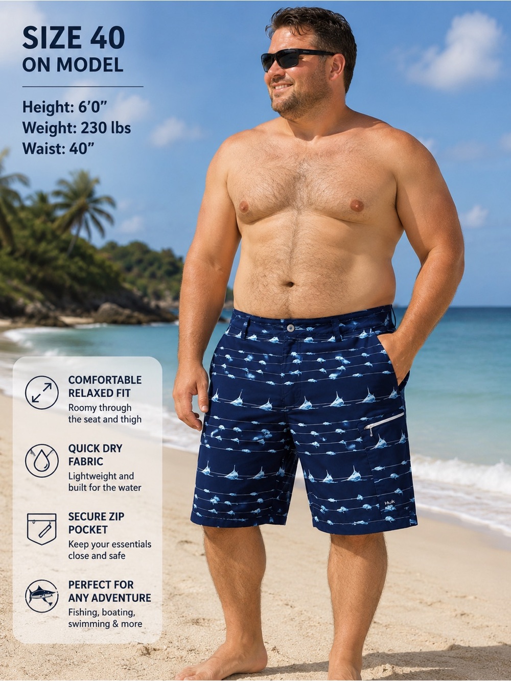 Huk Performance Fishing Shorts Size 40 Navy Marlin Print Stretch Zip Pocket